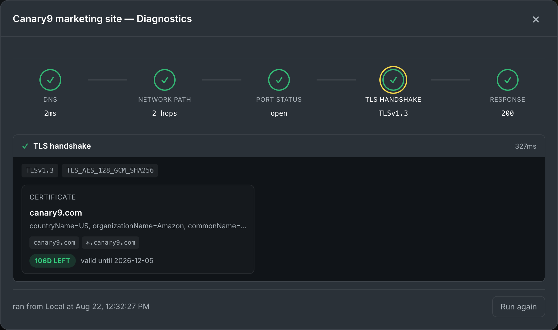 The on-demand network diagnostics panel for an HTTP endpoint: a five-stage chain (DNS, network path, port status, TLS handshake, response), with the TLS handshake stage selected to show the negotiated TLS 1.3 cipher and the peer certificate's names and expiry.