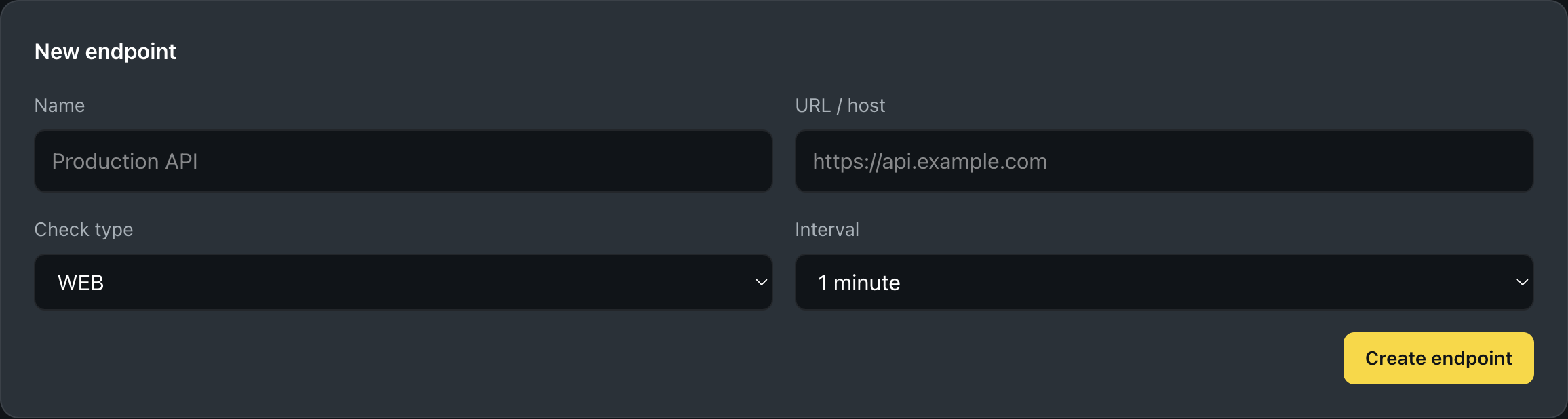 The new-endpoint form in the Canary9 dashboard, showing the name, target, check type, and interval fields.