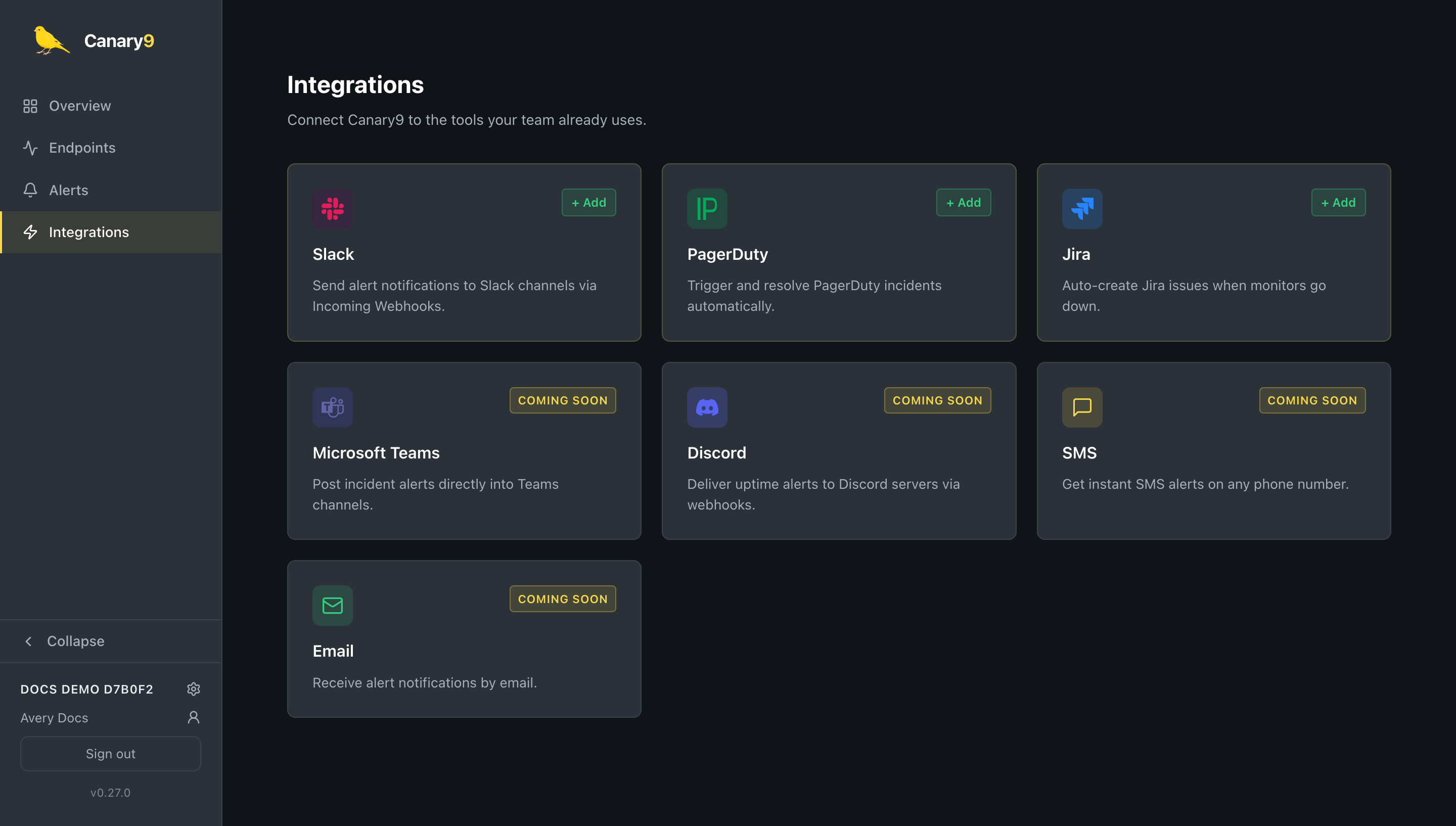 The Canary9 Integrations page showing cards for Slack, PagerDuty, Jira, and coming-soon channels.